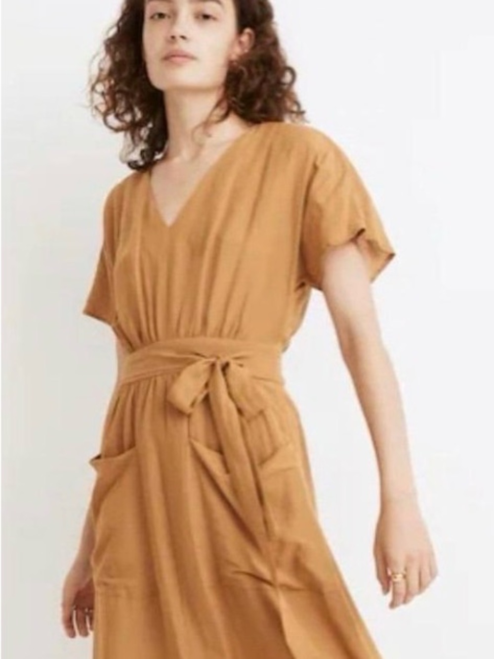 Madewell V-Neck Tie-Waist Midi Dress in Camel/Tan